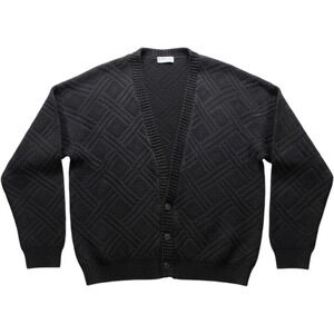 AREA Cardigan Sweater Mens Large Black Diamond Knit V Neck Button Front Textured